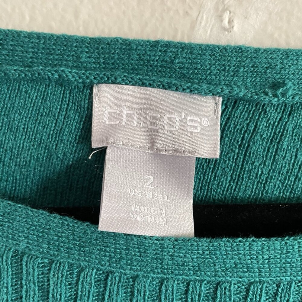 Chicos Sz 2 US L Bright Jade Coastal Asymmetrical Hem Striped Tunic Sweater - Picture 10 of 12